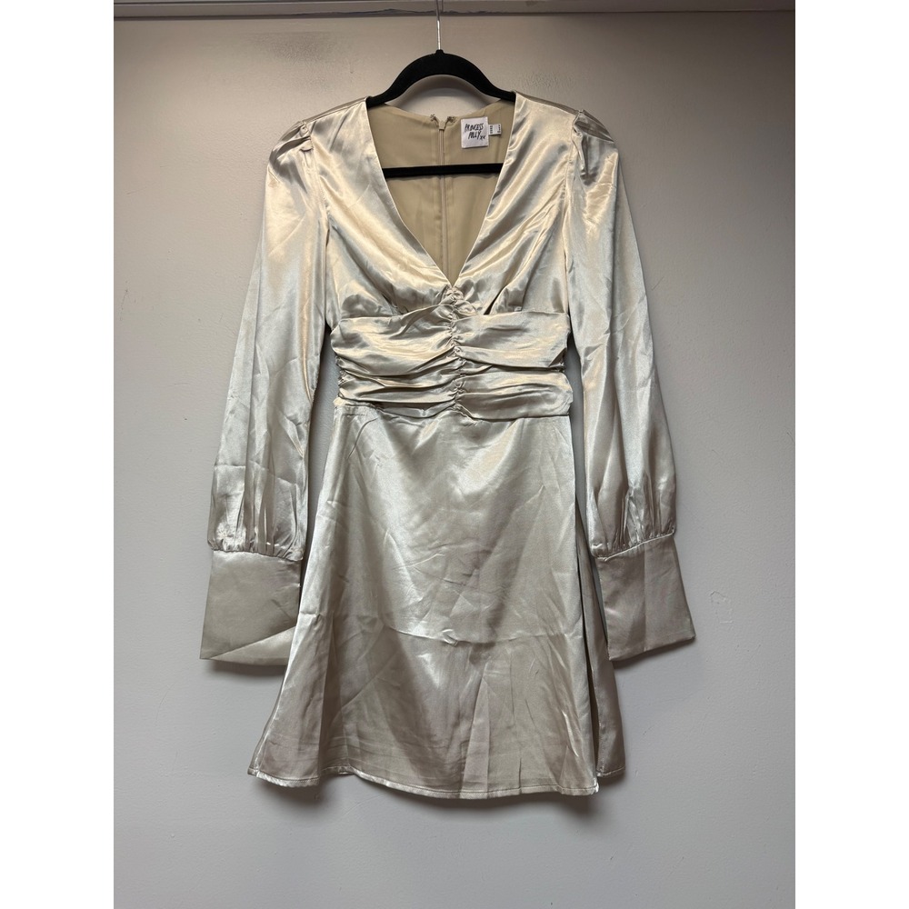 Princess Polly Mini Dress Womens 2 Champagne Excellent Satin Ruched V-Neck Long